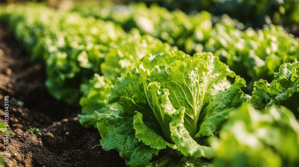 Rows of green lettuce growing neatly in an organic vegetable garden during spring. Rows of green lettuce growing neatly in an organic vegetable garden during spring.