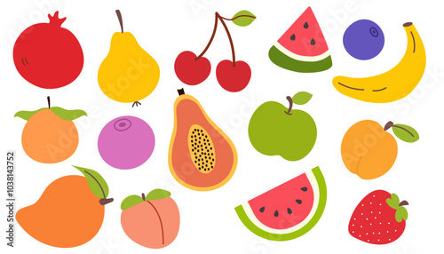 Set of different fruits and berries. Collection of organic vitamins and healthy nutrition. 