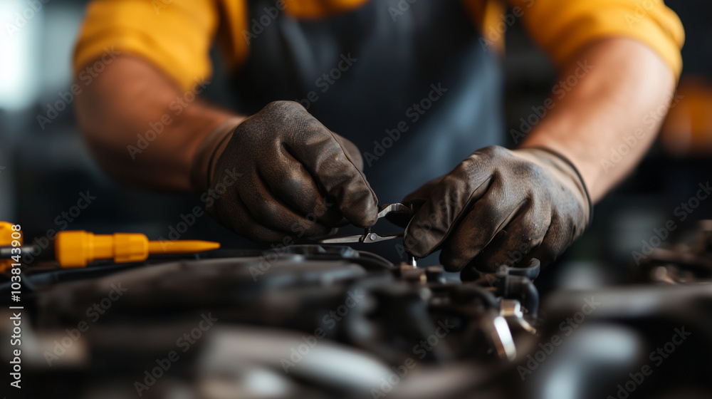Mechanic Repairing Vehicle Engine in Garage with Tools and Greasy Hands Mechanic Repairing Vehicle Engine in Garage with Tools and Greasy Hands