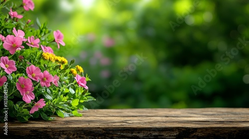 Description:** A vibrant arrangement of pink and yellow flowers beside a wooden table, set in a lush green garden.