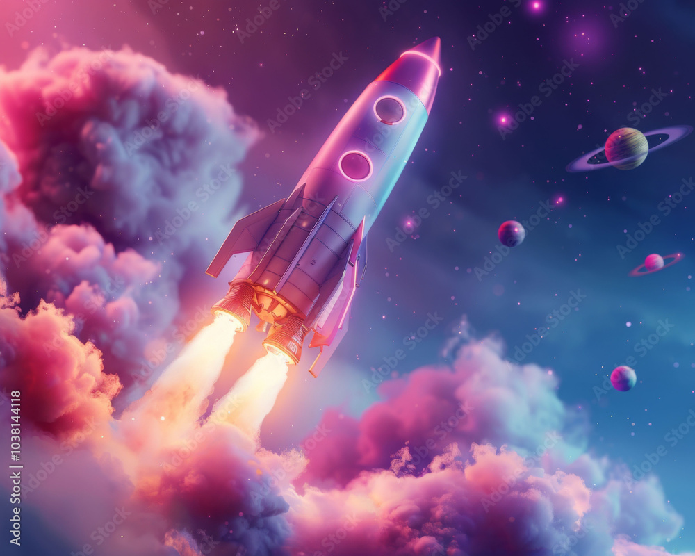 Naklejka premium vibrant rocket launches into colorful cosmic scene filled with clouds and planets, evoking sense of adventure and exploration