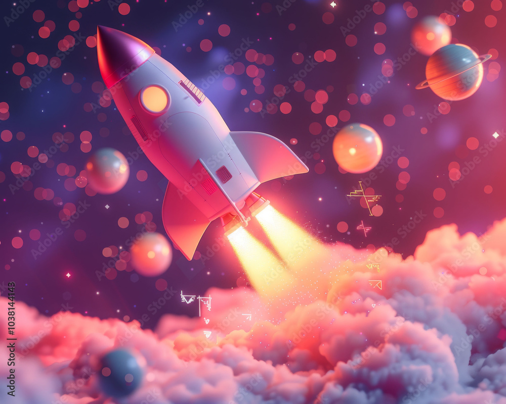 vibrant rocket launches into colorful cosmic scene filled with planets and clouds, evoking sense of adventure and exploration vibrant rocket launches into colorful cosmic scene filled with planets and clouds, evoking sense of adventure and exploration