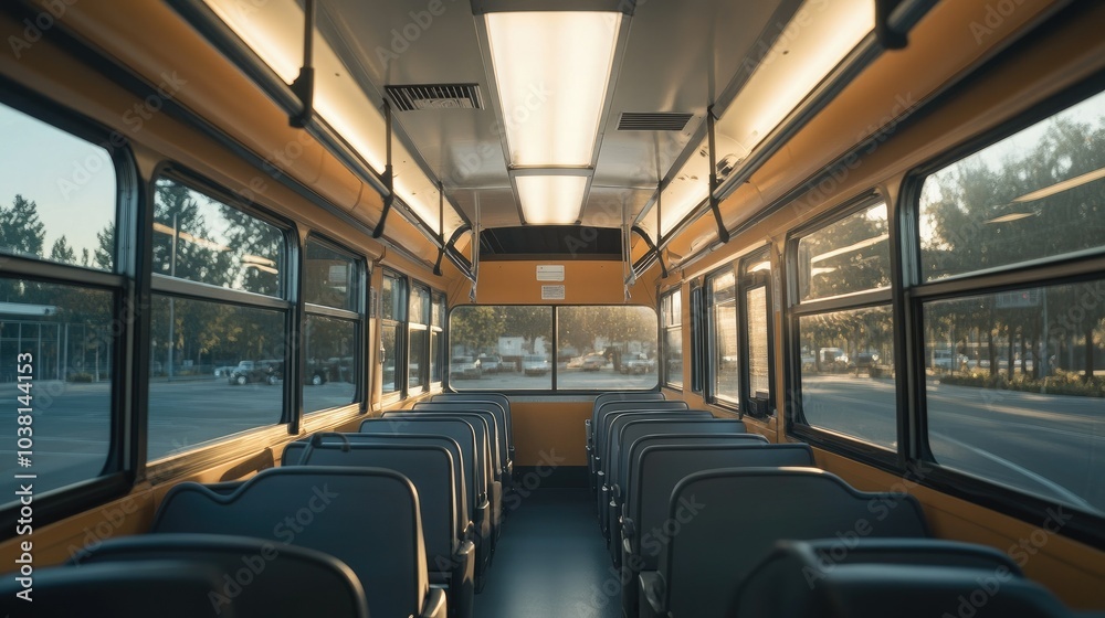 Fototapeta premium Sleek interior of a modern school bus with clean lines, minimalistic seats, and large windows, creating an airy and spacious look.