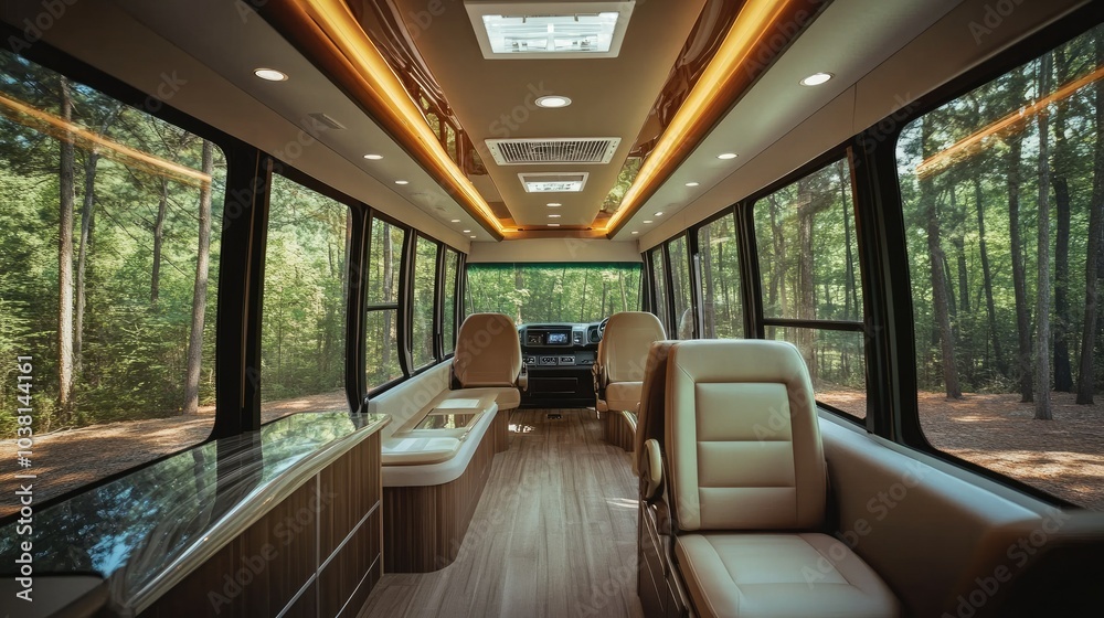 Sleek interior of a modern school bus with clean lines, minimalistic seats, and large windows, creating an airy and spacious look. Sleek interior of a modern school bus with clean lines, minimalistic seats, and large windows, creating an airy and spacious look.