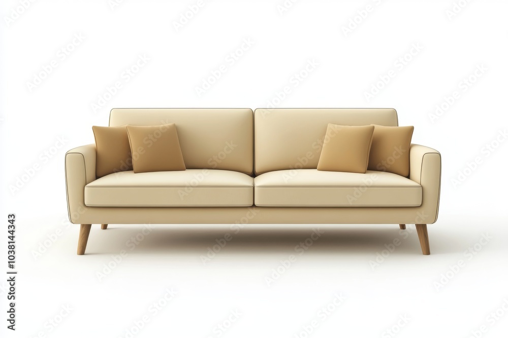 Fototapeta premium Modern Beige Sofa with Pillows Isolated on White Background