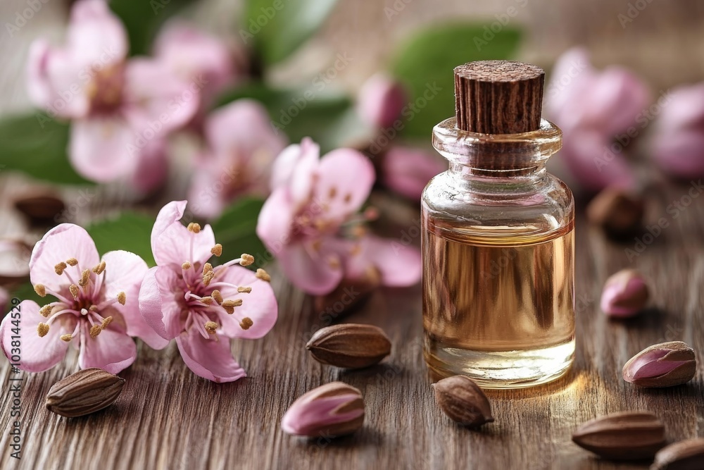 Almond Oil in Glass Bottle with Almond Flowers and Seeds Almond Oil in Glass Bottle with Almond Flowers and Seeds
