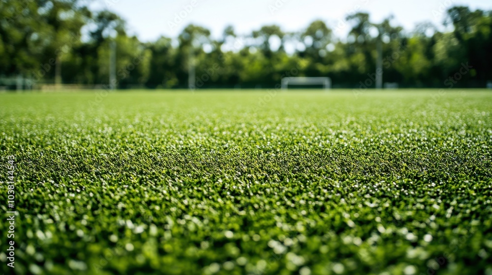 A soccer field with a focus on the texture of the grass, outdoor setting under clear sky, Vibrant style A soccer field with a focus on the texture of the grass, outdoor setting under clear sky, Vibrant style