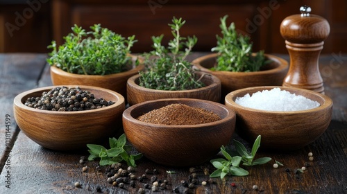 Spices and herbs in a mix of wooden bowls on a rustic table, salt shaker and pepper grinder framing the scene, with hints of fresh greenery.