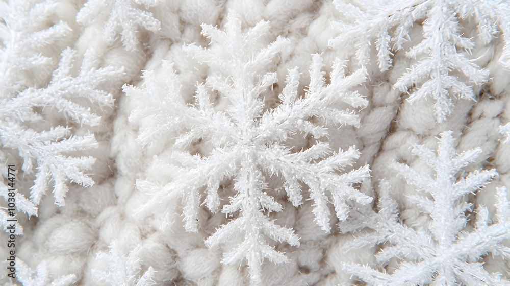 Delicate Snowflakes Resting on Cozy Woolen Fabric Delicate Snowflakes Resting on Cozy Woolen Fabric