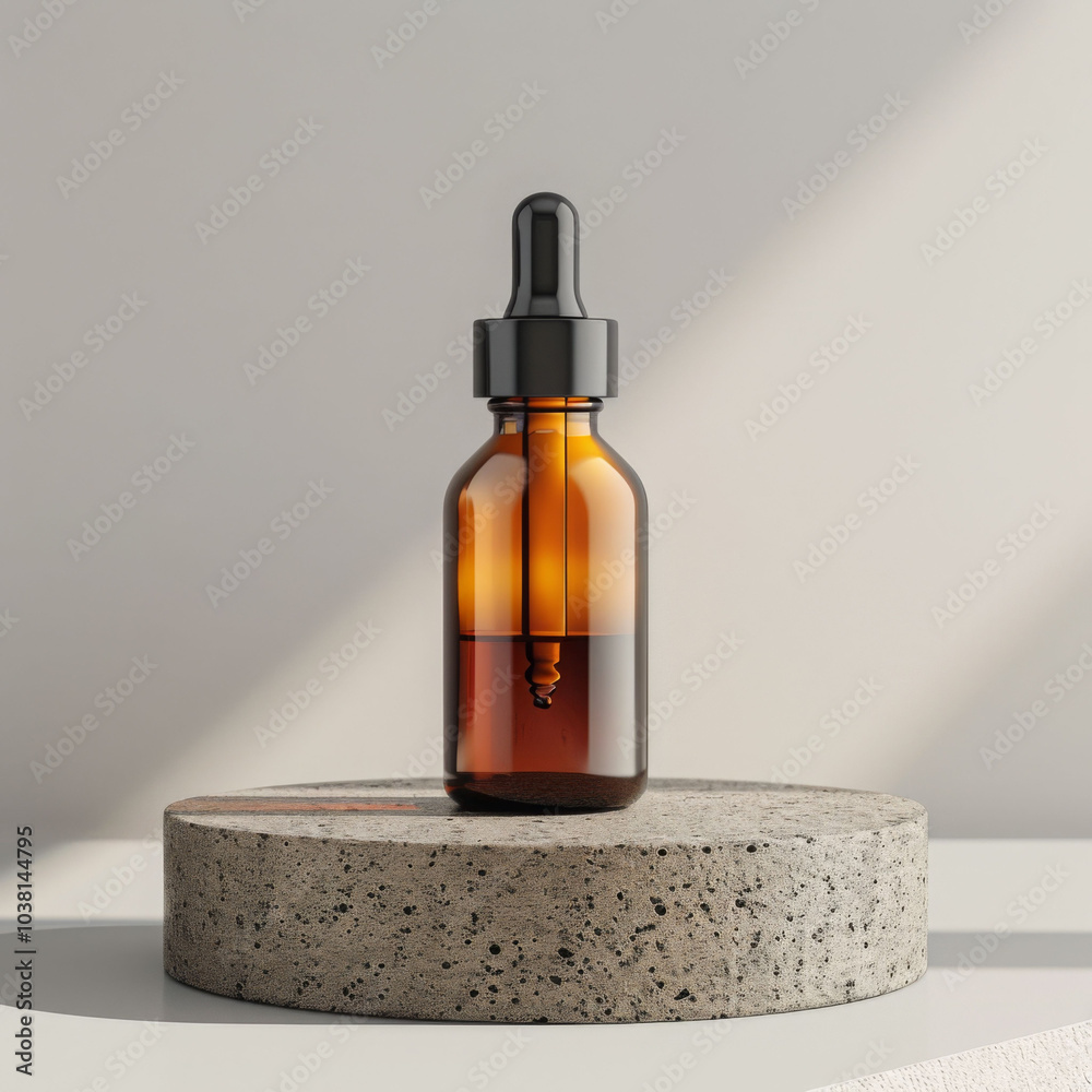 stylish amber dropper bottle is elegantly displayed on textured stone pedestal, showcasing its sleek design and rich color. soft lighting enhances bottles features, creating modern aesthetic stylish amber dropper bottle is elegantly displayed on textured stone pedestal, showcasing its sleek design and rich color. soft lighting enhances bottles features, creating modern aesthetic