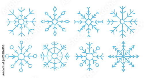 Set of winter icons with crayon, chalk or pastel texture. Blue snowflakes on a white background. Grunge vector illustration.