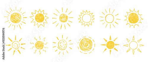 Set of handdrawn orange sun with crayon, chalk or pastel texture. Summer grunge vector illustration.