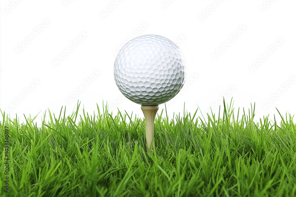 Close-up of a golf ball on a tee post in a grassy field with a blurred background. The concept for this image is sport, competition, and a luxury lifestyle Close-up of a golf ball on a tee post in a grassy field with a blurred background. The concept for this image is sport, competition, and a luxury lifestyle