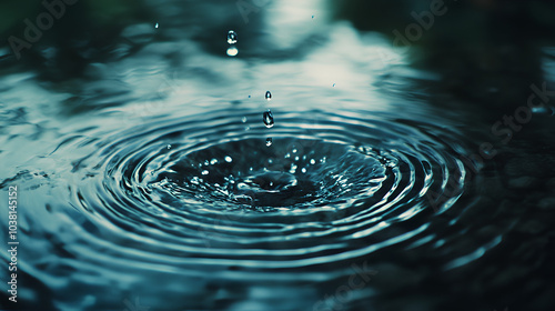 A single water droplet creates concentric ripples on a still body of water.