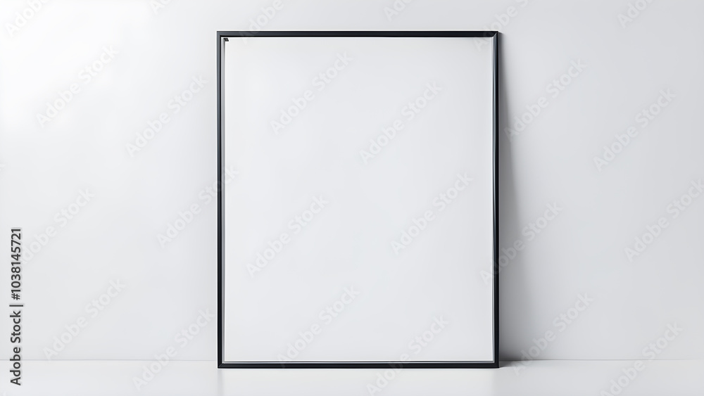 Blank black plastic rectangle vertical frame mockup on white table for creative design against white background