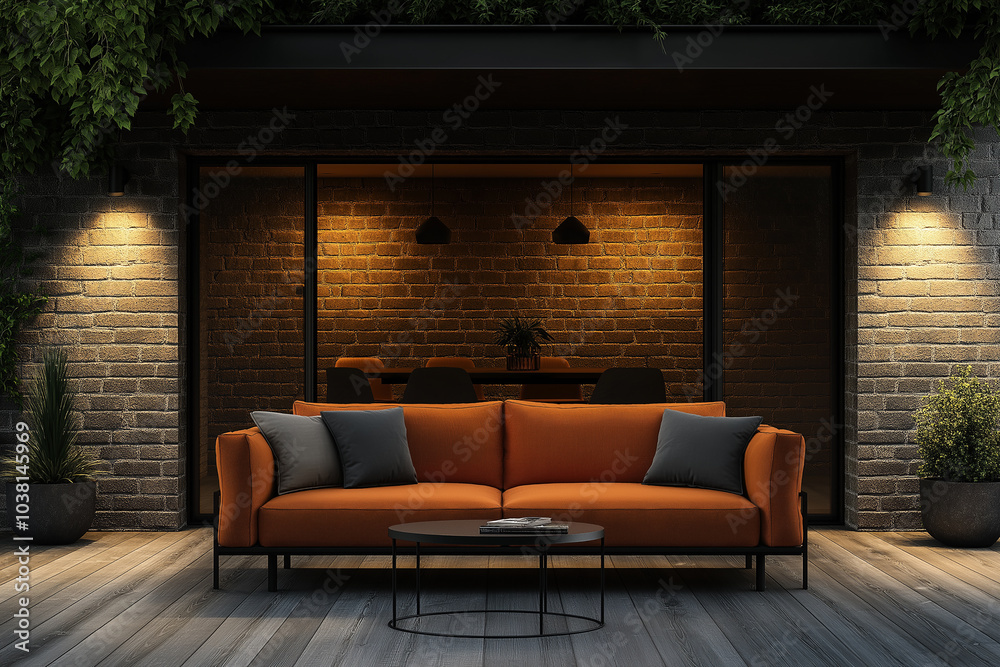 Photorealistic living room with a sofa and coffee table in front of the window with a black steel grid on it Photorealistic living room with a sofa and coffee table in front of the window with a black steel grid on it