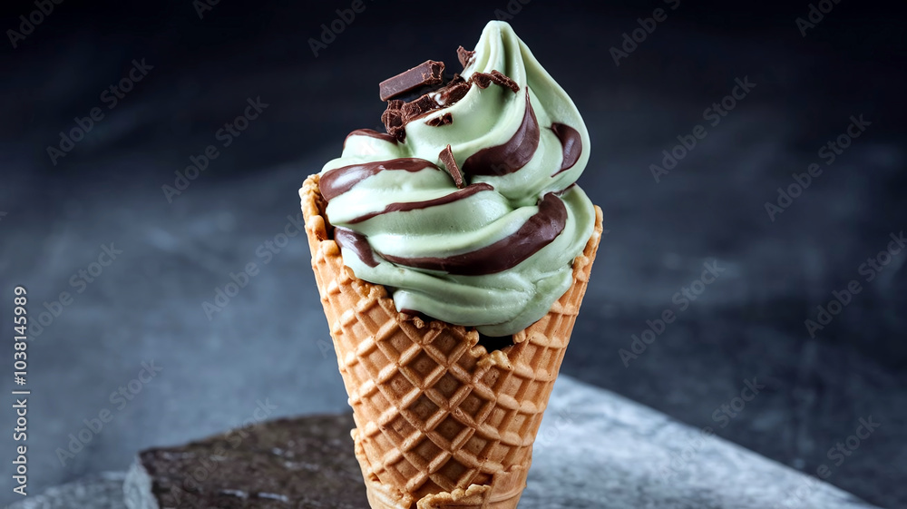 A waffle cone filled with rich, creamy chocolate mint-flavored ice cream on a dark stone background, creating a delectable and refreshing treat for dessert lovers. A waffle cone filled with rich, creamy chocolate mint-flavored ice cream on a dark stone background, creating a delectable and refreshing treat for dessert lovers.