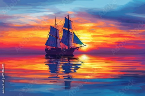 A colorful sunset scene with a majestic sailing ship reflecting on calm waters, evoking tranquility and adventure.