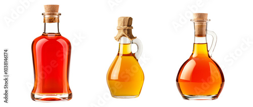 Glass bottle filled with vinegar, featuring a wooden cork and rope isolated on white transparent background. Concept of packaging