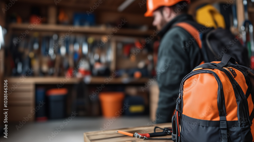 Worker Organizing Tools and Equipment in Garage Before Departure Worker Organizing Tools and Equipment in Garage Before Departure