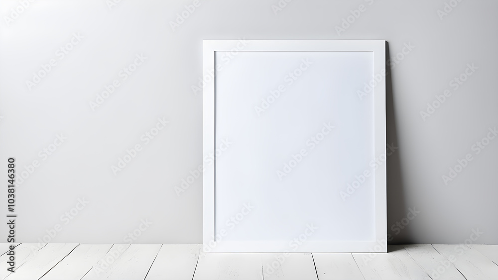 Blank white wooden rectangle vertical frame mockup on white wood floor for creative design against light grey wall background Blank white wooden rectangle vertical frame mockup on white wood floor for creative design against light grey wall background