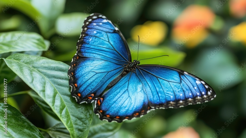 Vibrant blue butterfly resting on a leaf in a lush green garden Vibrant blue butterfly resting on a leaf in a lush green garden