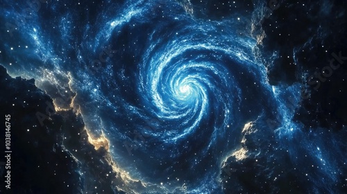 Vast blue spiral galaxy surrounded by shimmering stars, forming a beautiful celestial pattern in the darkness of space