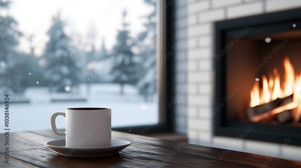 Cozy Winter Scene by a Fireplace with a Cup of Hot Chocolate Cozy Winter Scene by a Fireplace with a Cup of Hot Chocolate