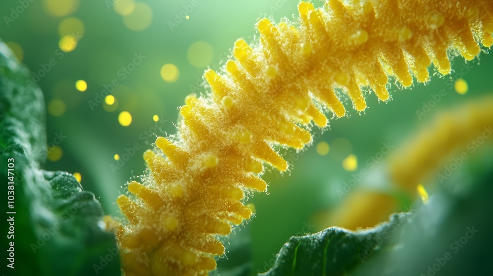 Naklejka premium Close-up of vibrant yellow plant structures with soft green background.