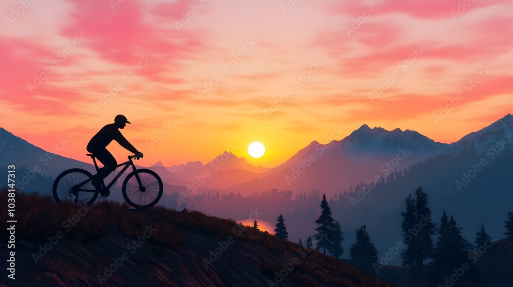 Cyclist Traversing Scenic Mountain Trail at Captivating Sunset Cyclist Traversing Scenic Mountain Trail at Captivating Sunset