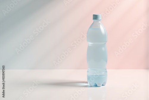 Water bottle on a pastel colored surface with sleek shadows photo