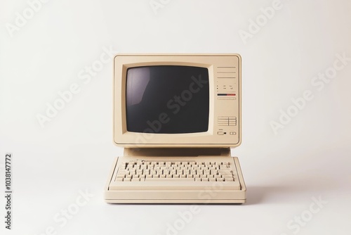 Vintage Beige Desktop Computer with Keyboard on White Background