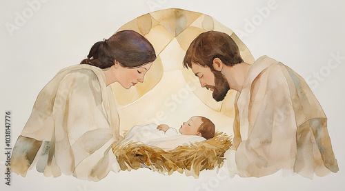 A watercolor painting depicting the Holy Family, with Mary and Joseph gazing down at their newborn son, Jesus. photo