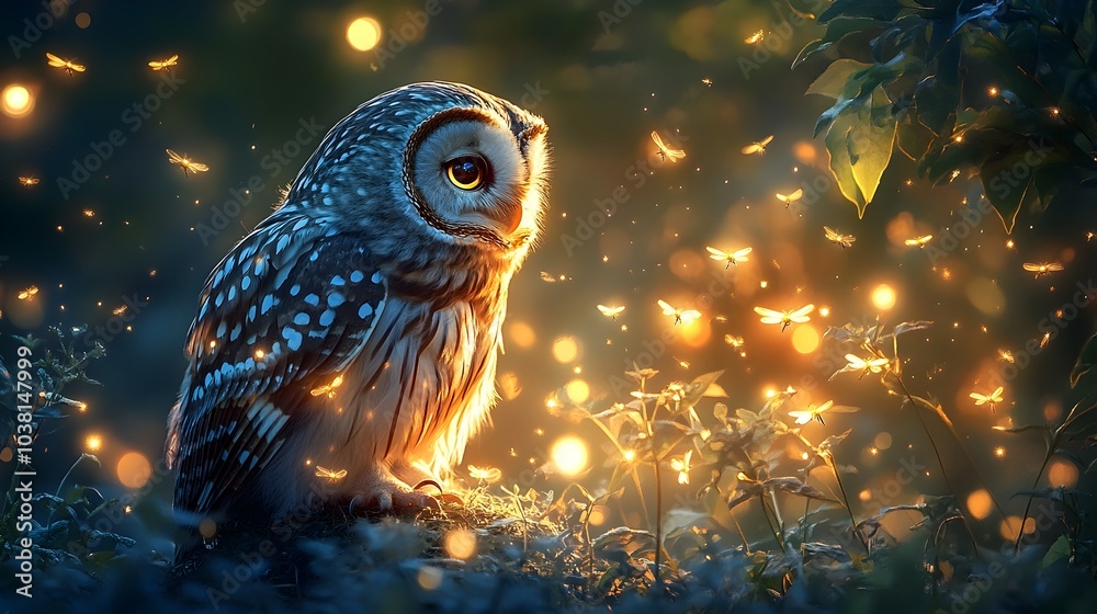 Enchanted Owl Observing Glimmering Fireflies in Serene Garden at Twilight Enchanted Owl Observing Glimmering Fireflies in Serene Garden at Twilight