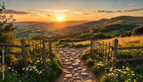 Couchant doré sur sentier campagnard