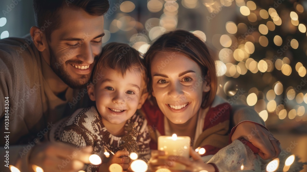 Parents and son gather together, smiling and enjoying festive Christmas atmosphere. Family bounding Parents and son gather together, smiling and enjoying festive Christmas atmosphere. Family bounding