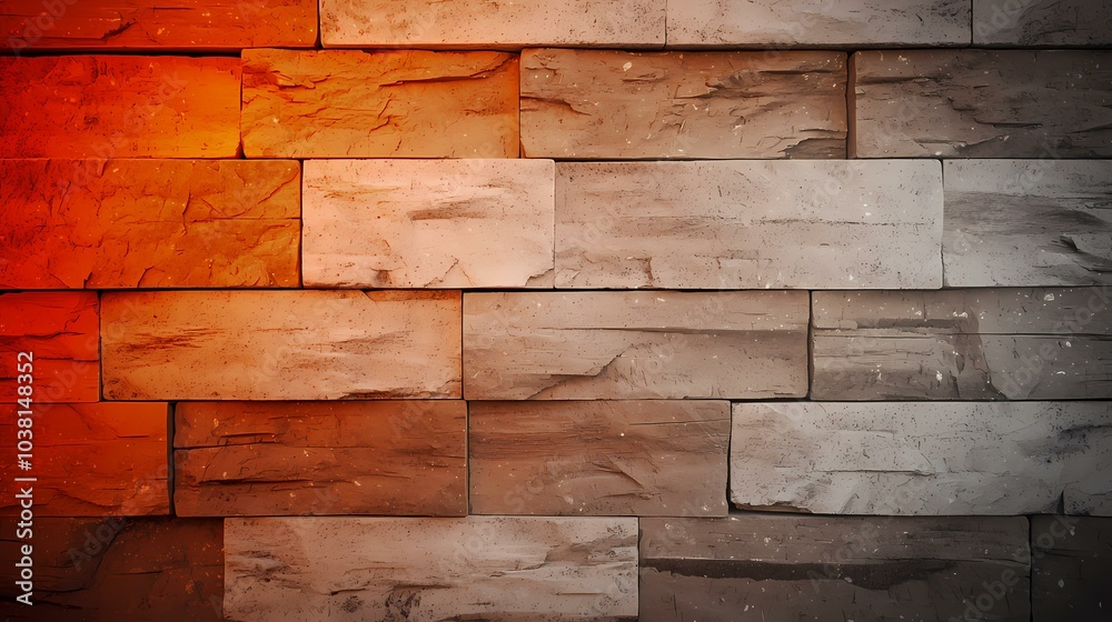 Fototapeta premium The image is a close-up of a wall made of rough, rectangular stones with textured surfaces. The stones are arranged in a brick pattern, creating a background of warm, earthy tones. The stones are pr