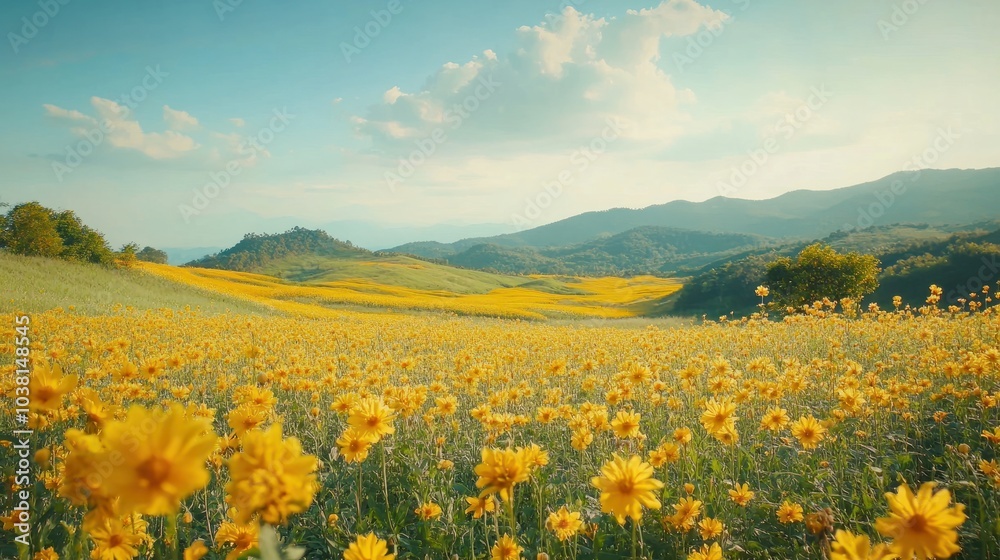 A high-resolution Full HD shot of a vast landscape filled with yellow blossoms of the golden trumpet flower, showcasing the scenic beauty of Thailand's flower fields during peak season. A high-resolution Full HD shot of a vast landscape filled with yellow blossoms of the golden trumpet flower, showcasing the scenic beauty of Thailand's flower fields during peak season.