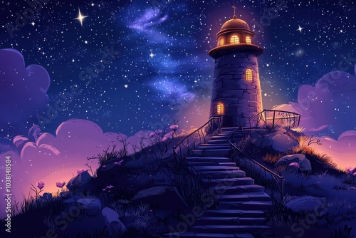 A serene lighthouse stands illuminated under a starry night sky, creating a peaceful and magical atmosphere.