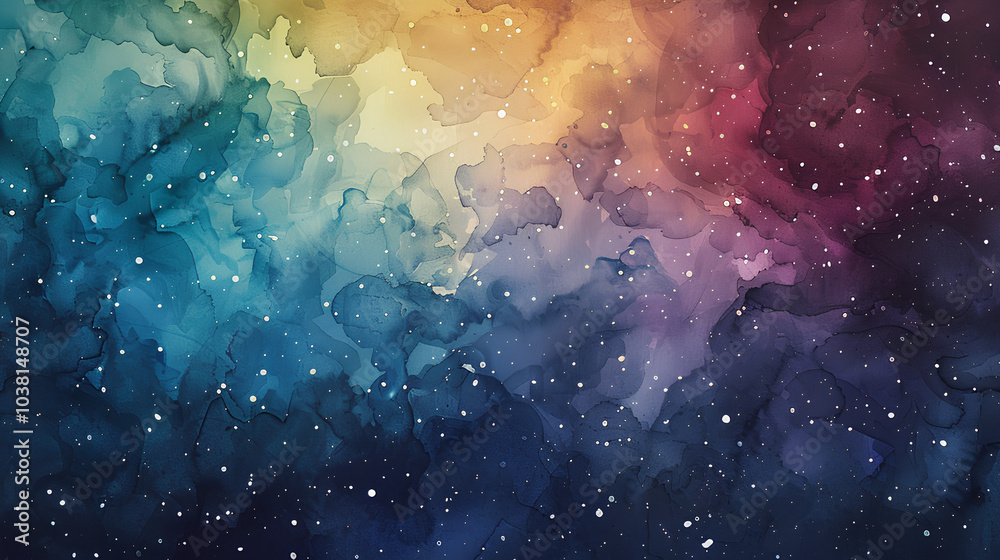 © paper later - An abstract watercolor painting depicting a starry night sky in shades of blue, purple, and gold.