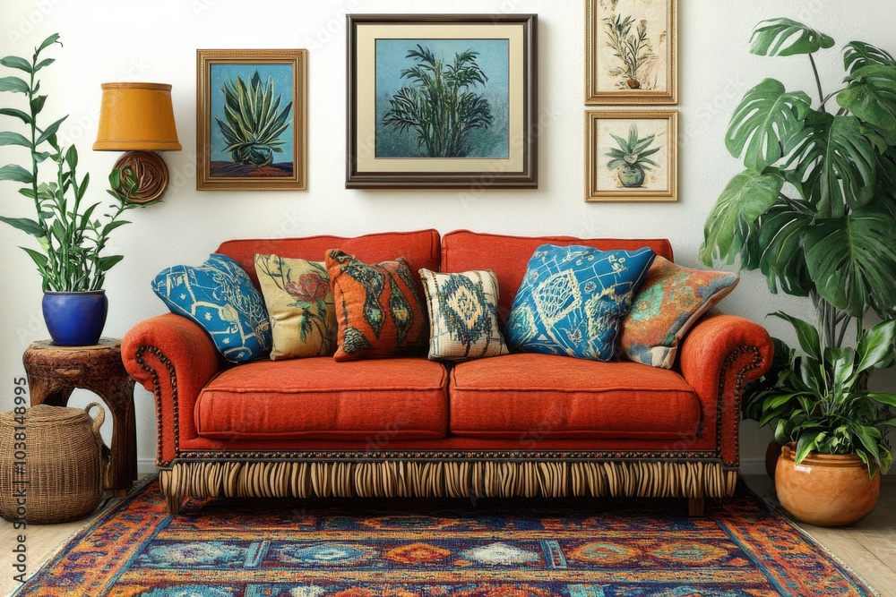 Fototapeta premium Red Sofa With Cushions and Plants in a Boho Living Room