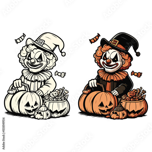 Horror clown cartoon scary circus monster face. Vector Halloween holiday character, evil clown or joker