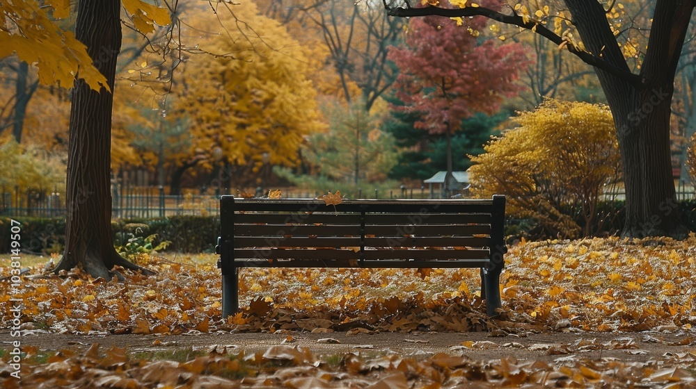 Close up of a park bench blanketed with golden autumn leaves in a tranquil park setting Close up of a park bench blanketed with golden autumn leaves in a tranquil park setting