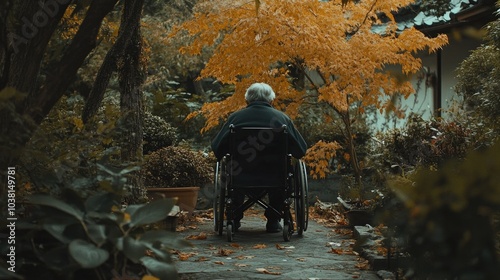 An elderly person sitting in a wheelchair near a garden, enjoying the outdoors, symbolizing the importance of accessibility for all ages. --chaos