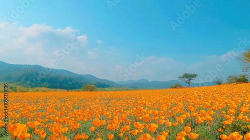 A high-resolution Full HD shot of a vast landscape filled with yellow blossoms of the golden trumpet flower, showcasing the scenic beauty of Thailand's flower fields during peak season.