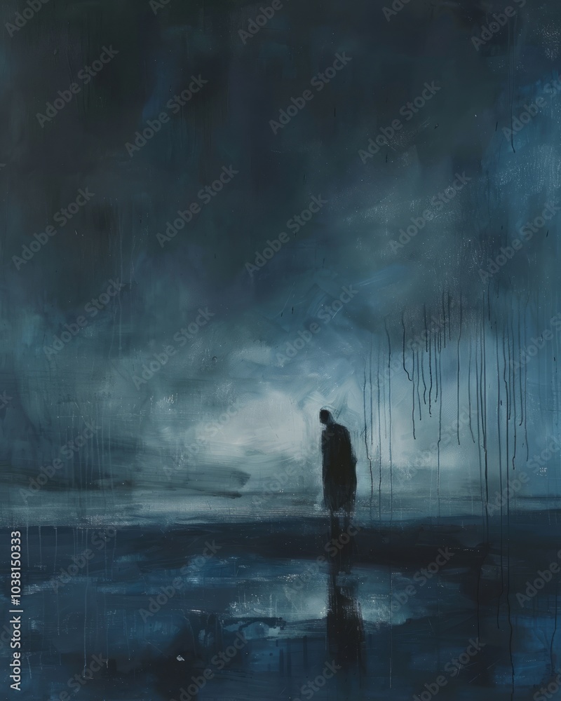 Obraz premium A solitary figure silhouetted against a stormy sky, drenched in rain, their hunched posture reflecting sorrow, the dark, moody tones enhanced by deep blues and grays