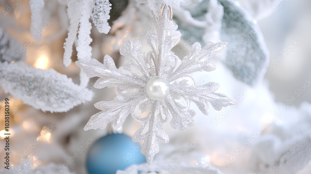 A close-up of a sparkly white snowflake ornament with a pearl centerpiece hanging on a snowy Christmas tree. A close-up of a sparkly white snowflake ornament with a pearl centerpiece hanging on a snowy Christmas tree.