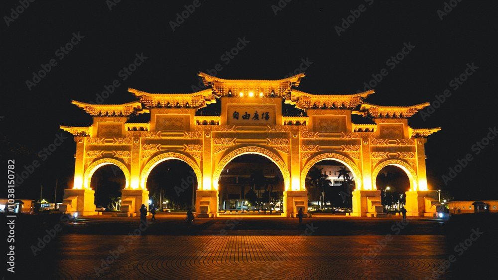 Naklejka premium A majestic and beautiful Liberty Square Arch at night in the National Chiang Kai-shek Memorial Park, former President of the Republic of China. The symbol of a national monument and tourist attraction