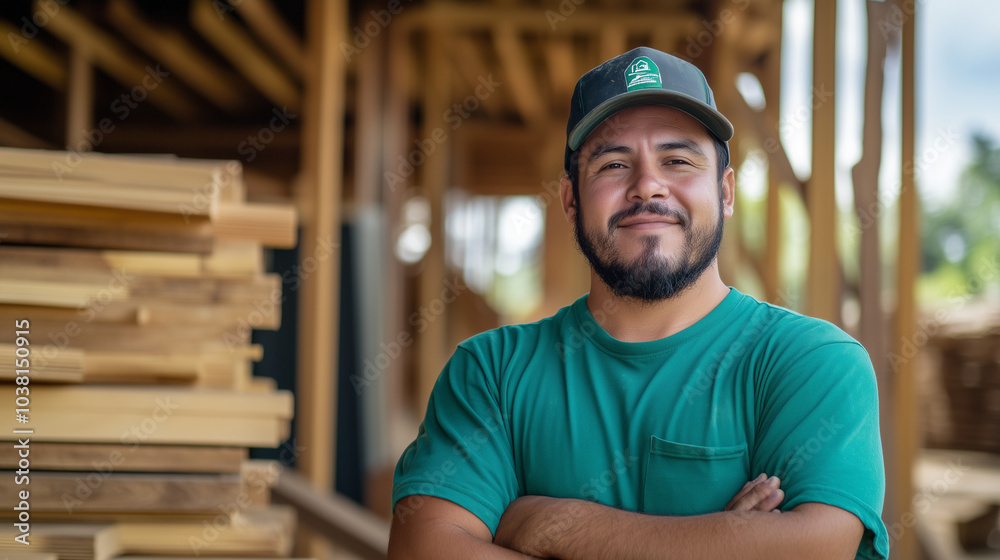 Carpenter Proudly Showcasing Completed Woodworking Project Carpenter Proudly Showcasing Completed Woodworking Project