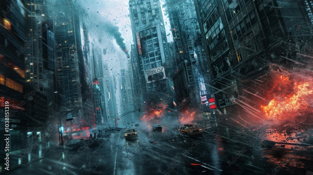 A street-level view of a cityscape during an earthquake, showcasing the dynamic movement and trembling structures A street-level view of a cityscape during an earthquake, showcasing the dynamic movement and trembling structures